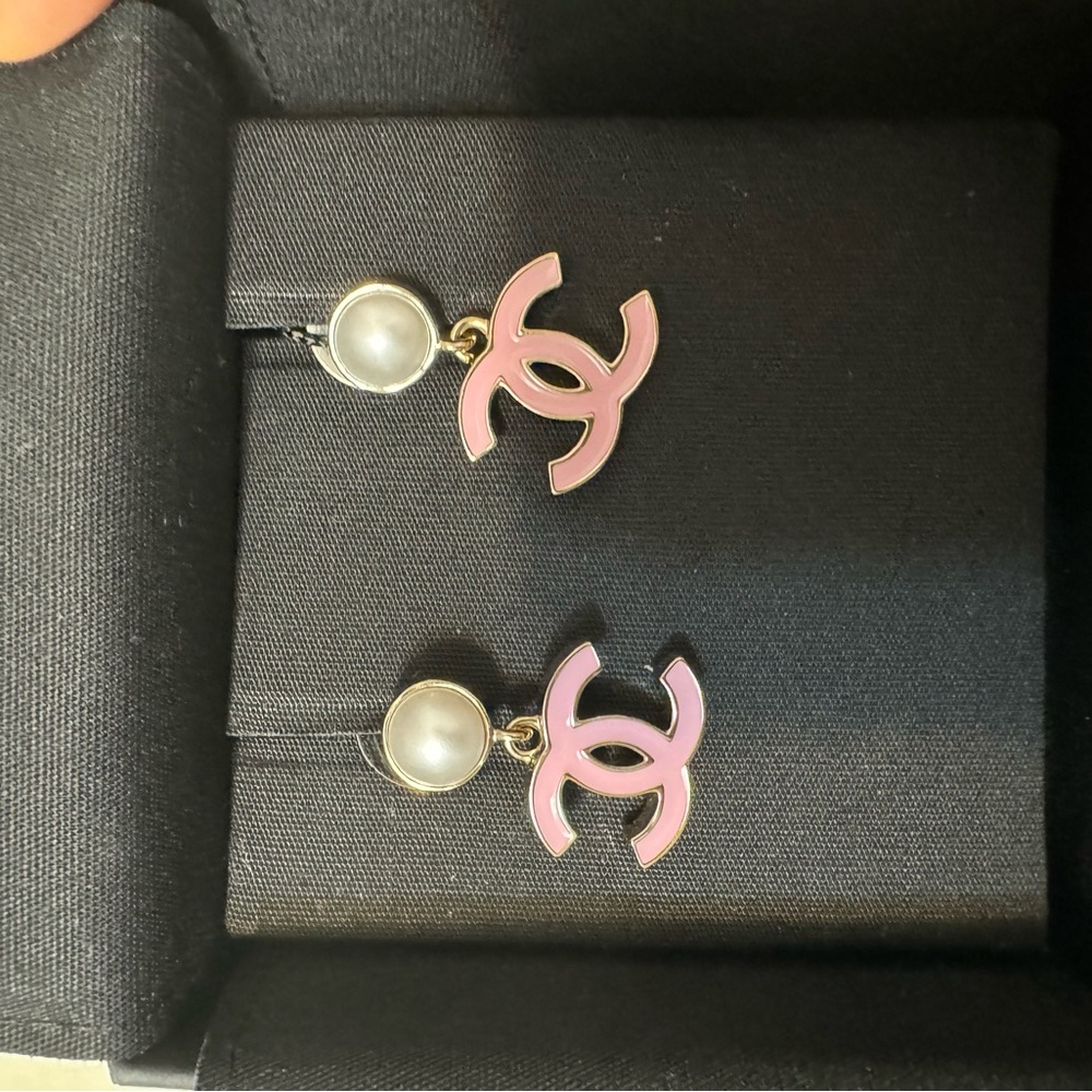 CHANEL Pink and White Pearl Logo Earrings